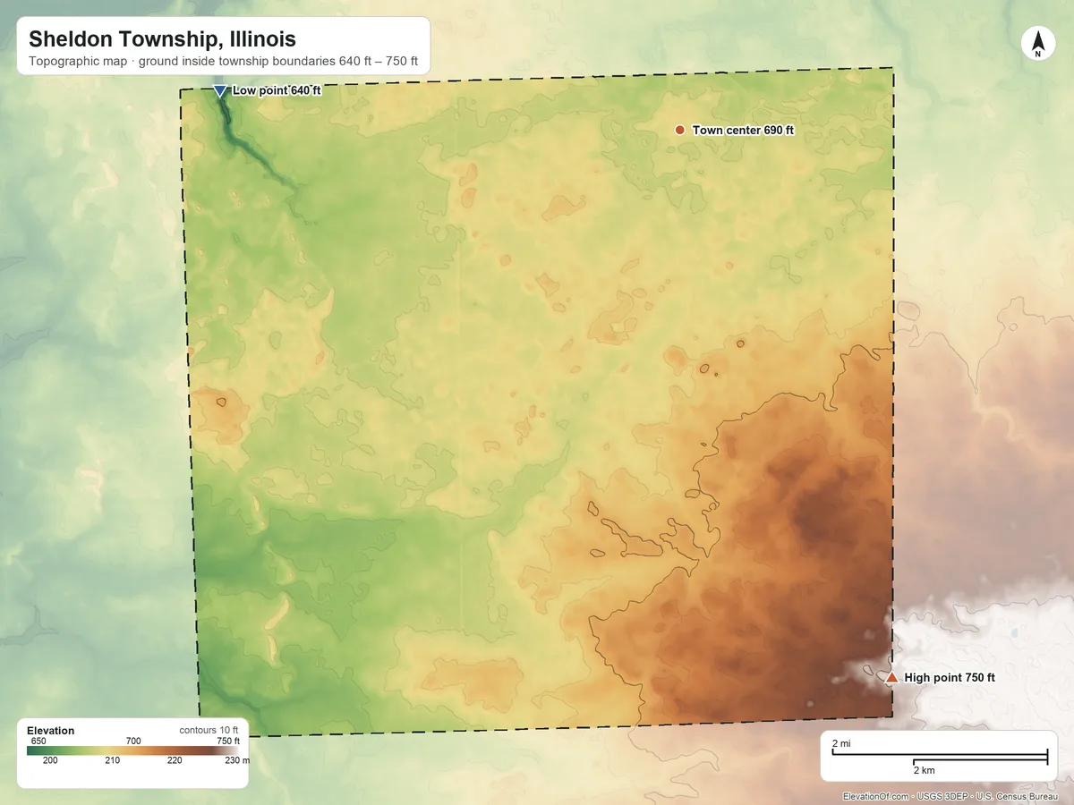 Topographic elevation map of Sheldon Township, Illinois, shaded from 640 ft on the west side to 750 ft on the south side