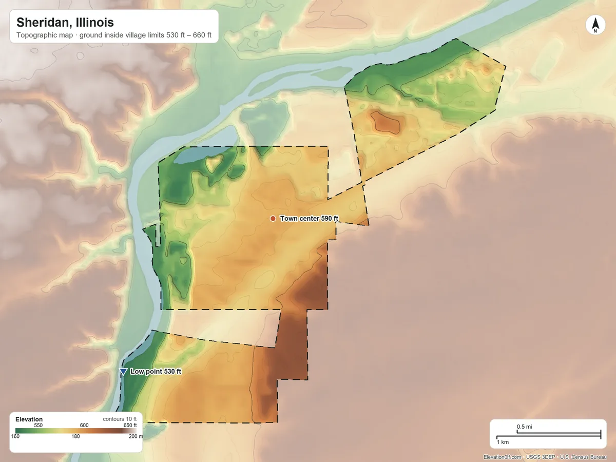 Topographic elevation map of Sheridan, Illinois, shaded from 530 ft on the southwest side to 660 ft on the northwest side