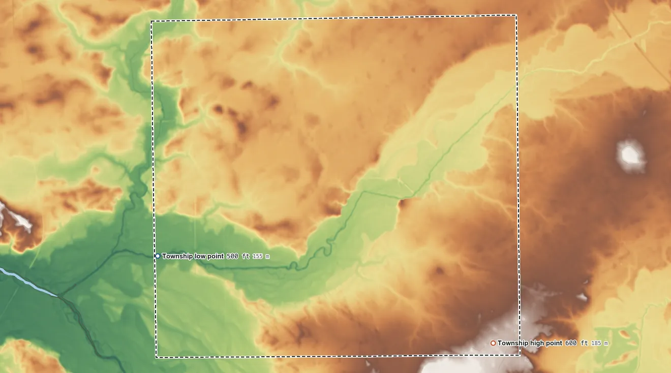 Topographic elevation map of Sheridan Township, Illinois, shaded from 500 ft on the southwest side to 600 ft on the southeast side