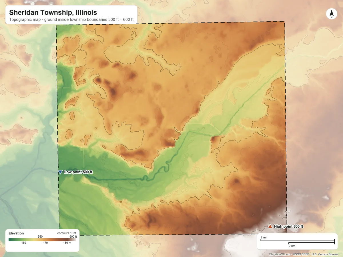 Topographic elevation map of Sheridan Township, Illinois, shaded from 500 ft on the southwest side to 600 ft on the southeast side