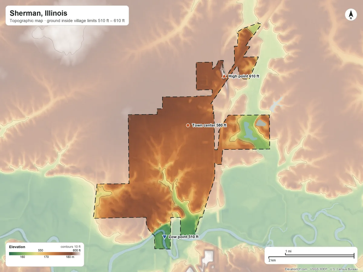Topographic elevation map of Sherman, Illinois, shaded from 510 ft on the south side to 610 ft on the northeast side