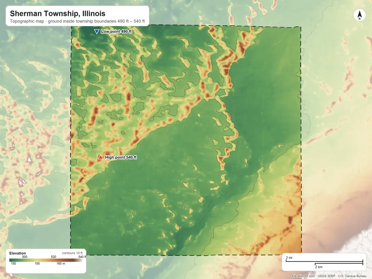 Topographic elevation map of Sherman Township, Illinois, shaded from 490 ft on the northwest side to 540 ft on the west side