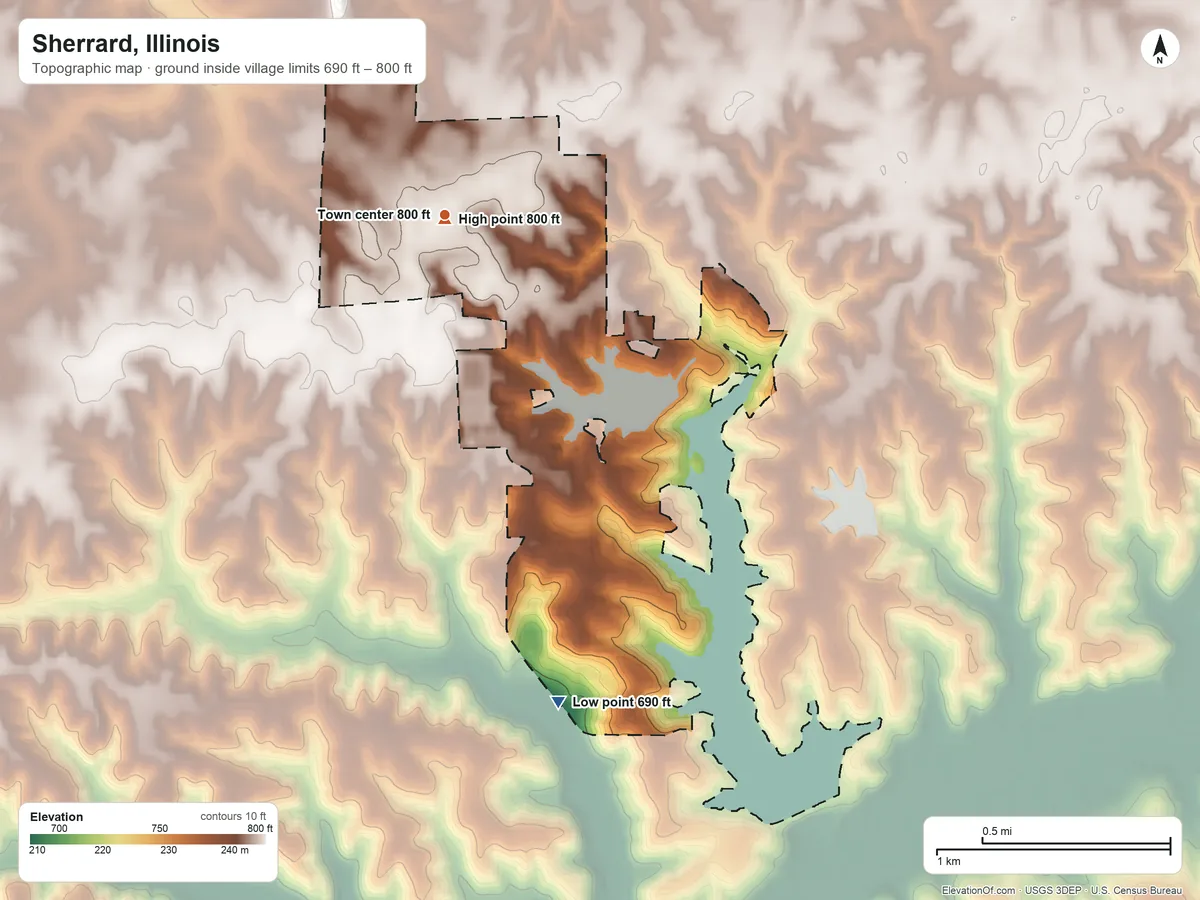 Topographic elevation map of Sherrard, Illinois, shaded from 690 ft on the south side to 800 ft near the middle