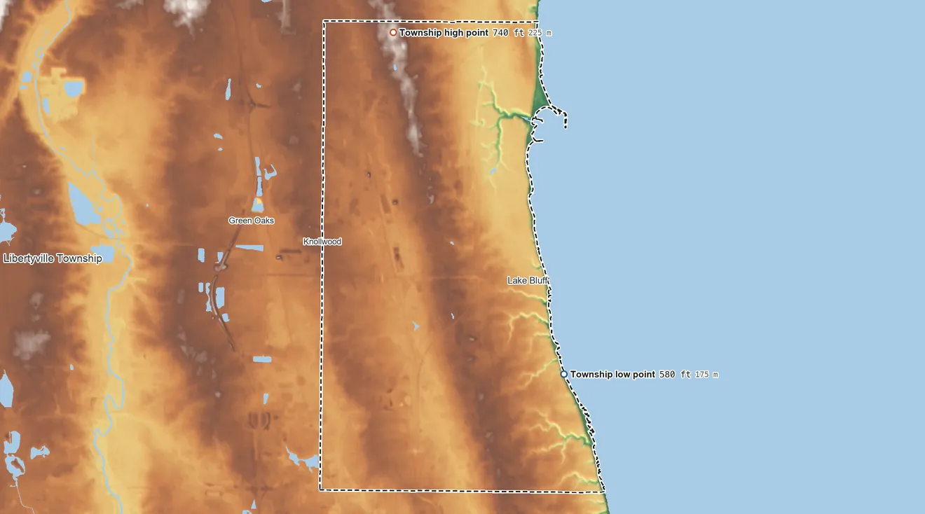 Topographic elevation map of Shields Township, Illinois, shaded from 580 ft on the southeast side to 740 ft on the north side
