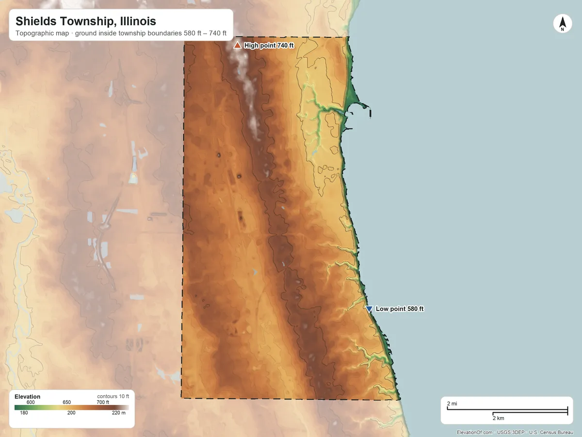 Topographic elevation map of Shields Township, Illinois, shaded from 580 ft on the southeast side to 740 ft on the north side