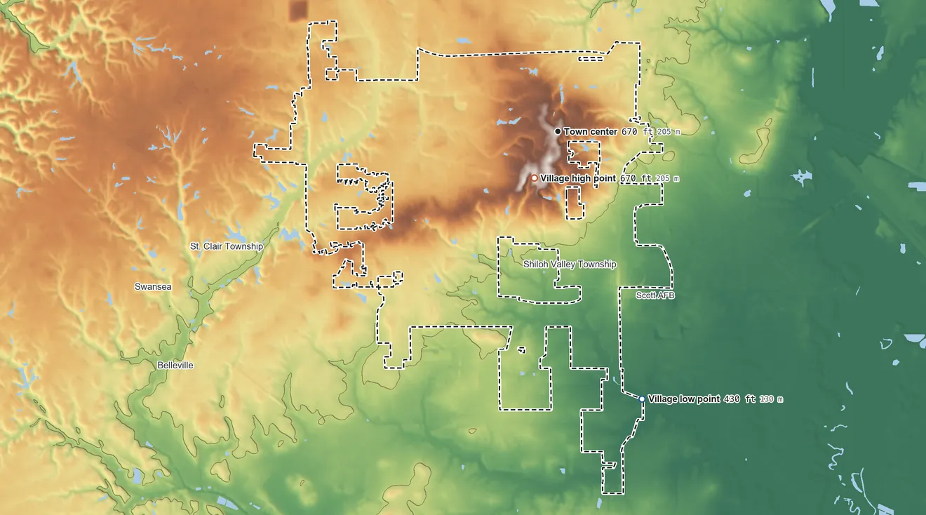 Topographic elevation map of Shiloh, Illinois, shaded from 430 ft on the south side to 670 ft near the middle