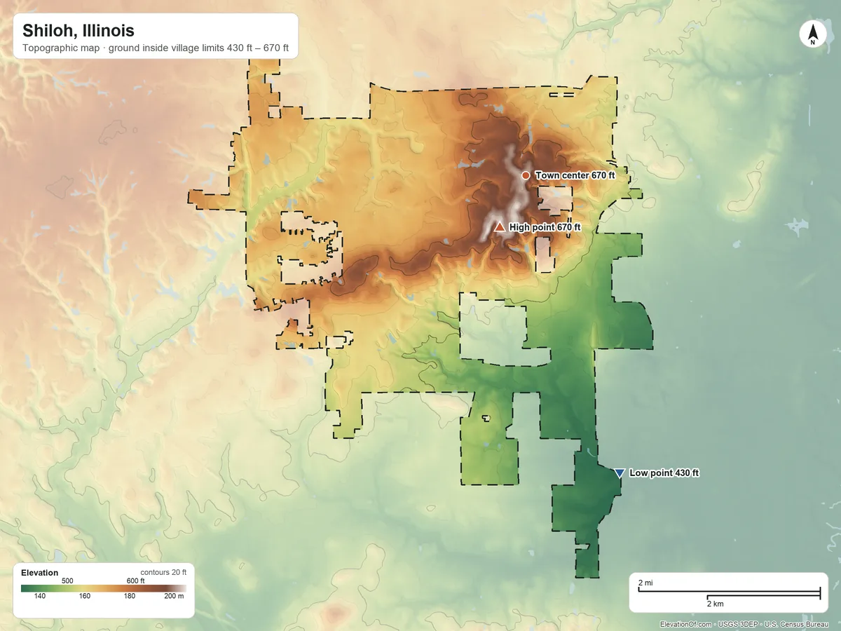 Topographic elevation map of Shiloh, Illinois, shaded from 430 ft on the south side to 670 ft near the middle