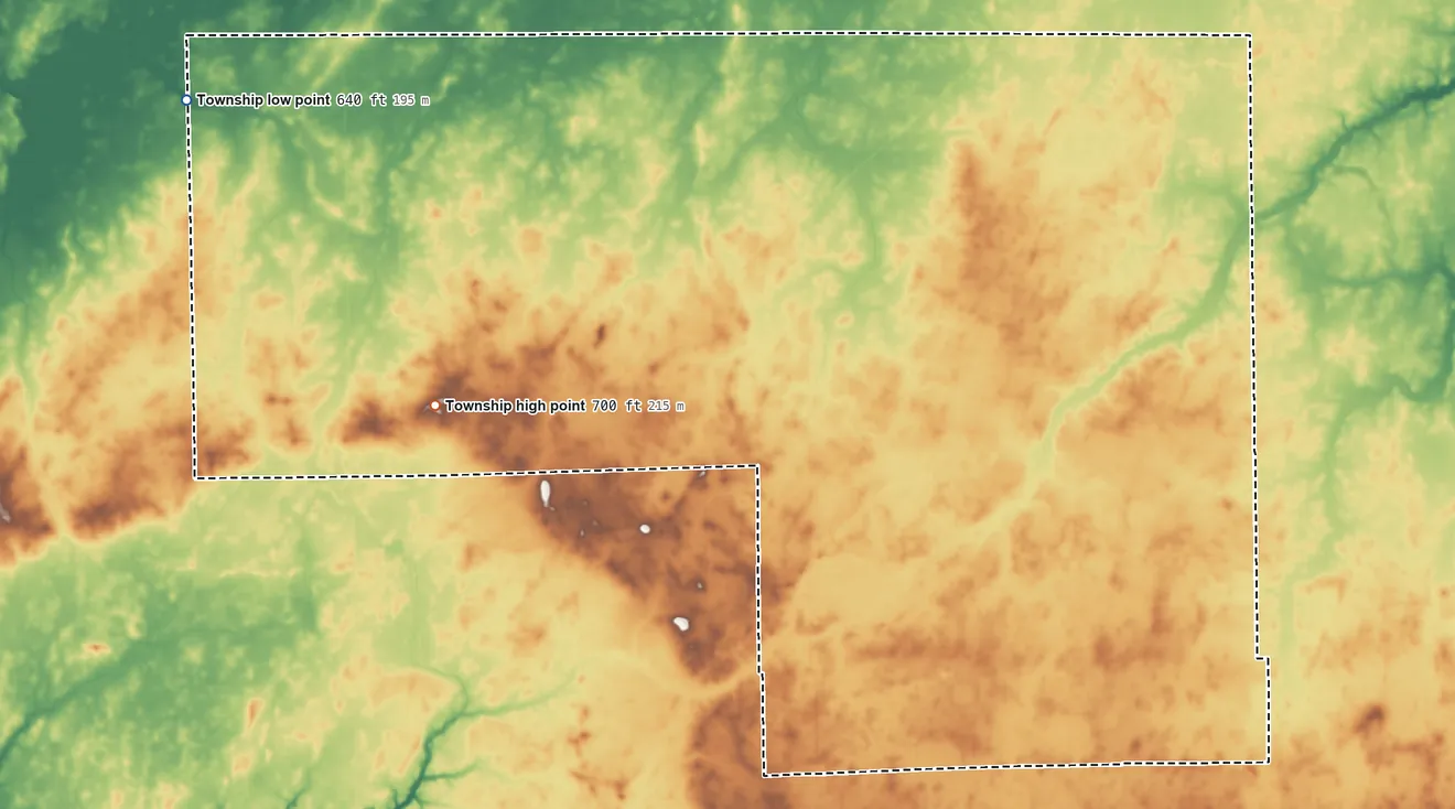 Topographic elevation map of Shiloh Township, Edgar County, Illinois, shaded from 640 ft on the west side to 700 ft on the southwest side