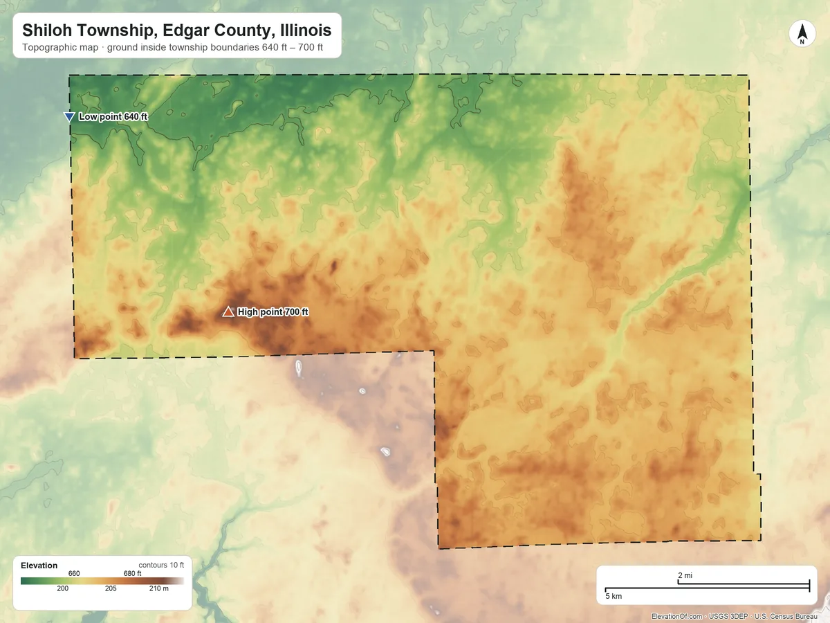 Topographic elevation map of Shiloh Township, Edgar County, Illinois, shaded from 640 ft on the west side to 700 ft on the southwest side