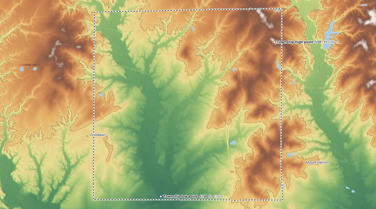 Topographic elevation map of Shiloh Township, Illinois, shaded from 430 ft on the southwest side to 590 ft on the north side