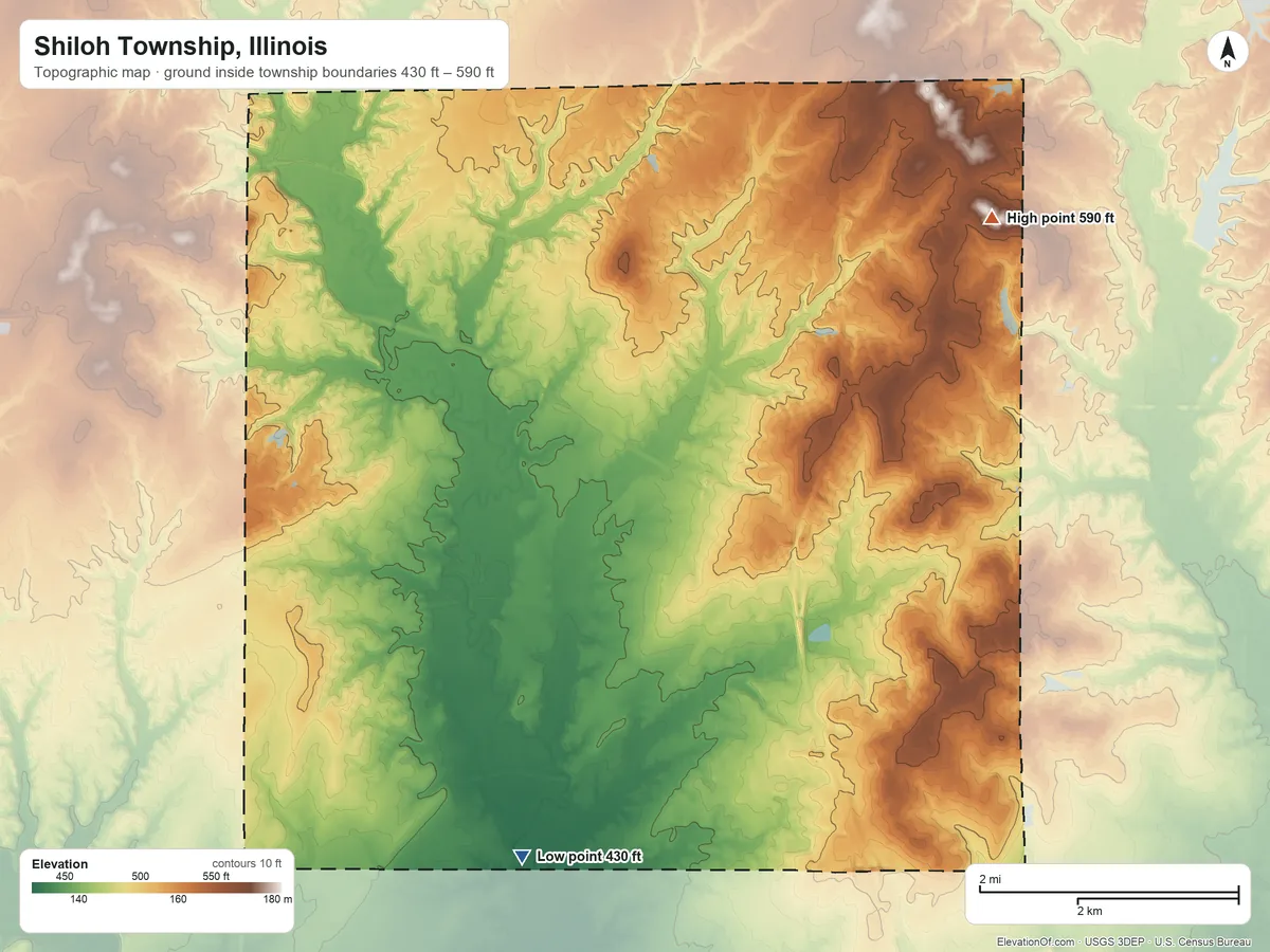 Topographic elevation map of Shiloh Township, Illinois, shaded from 430 ft on the southwest side to 590 ft on the north side