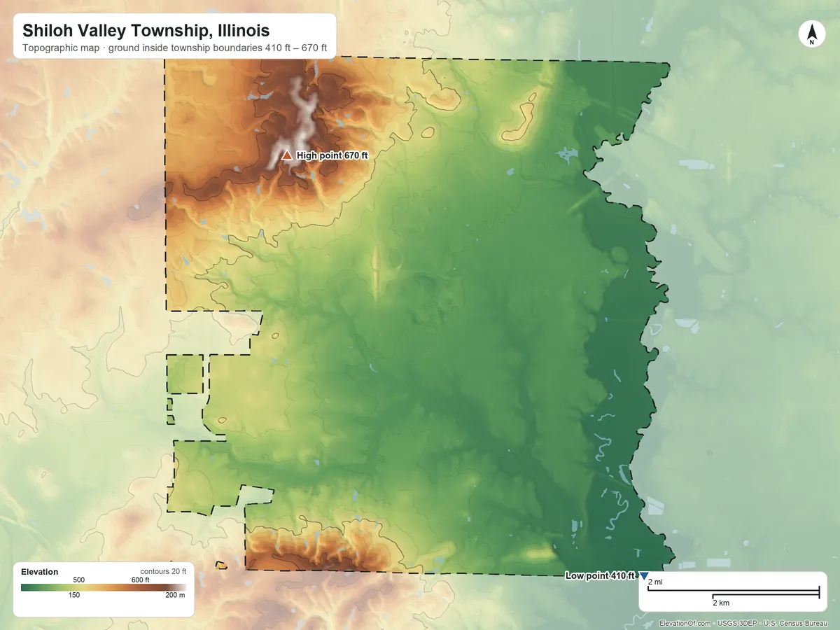 Topographic elevation map of Shiloh Valley Township, Illinois, shaded from 410 ft on the southeast side to 670 ft on the north side