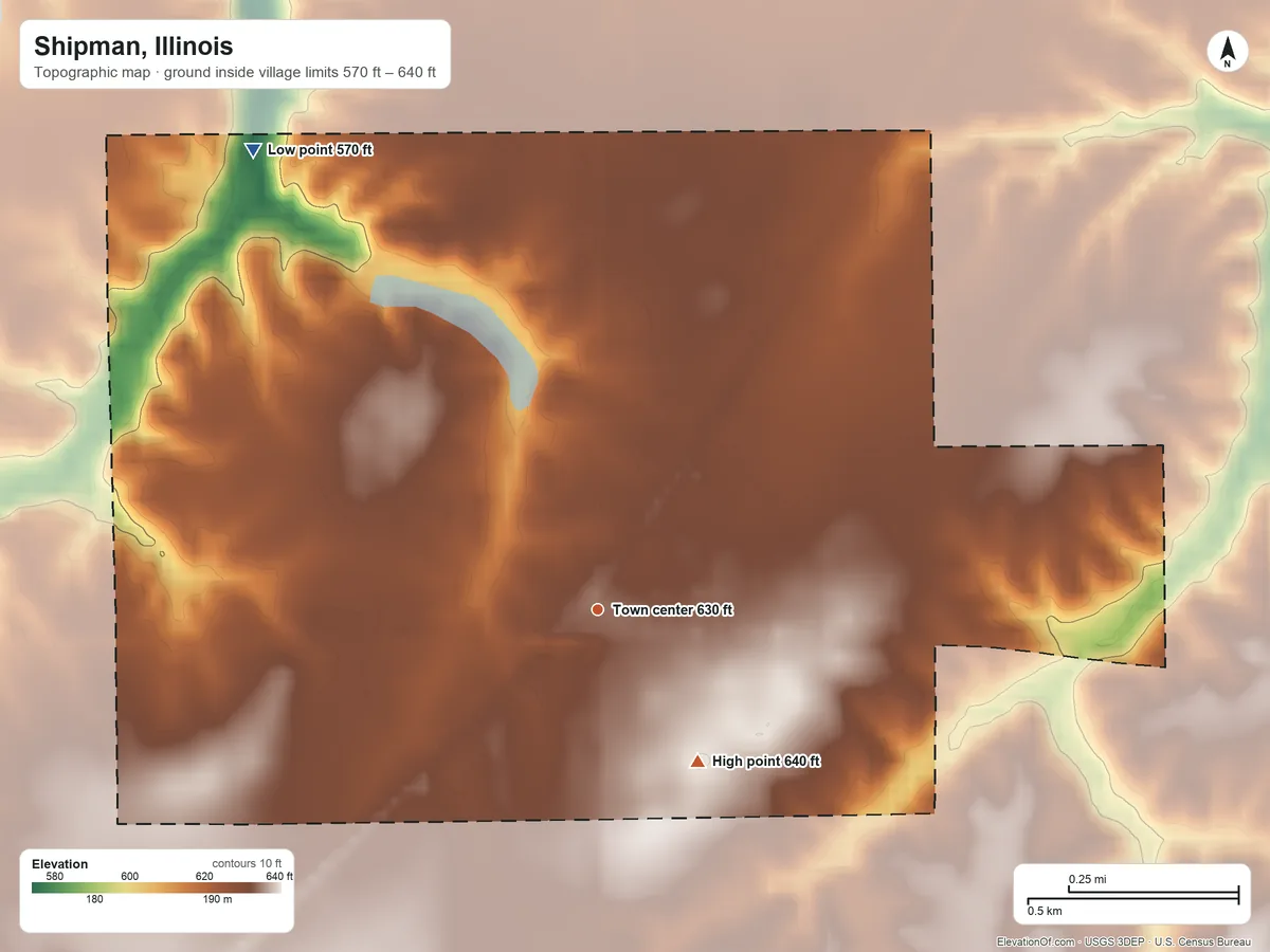 Topographic elevation map of Shipman, Illinois, shaded from 570 ft on the northwest side to 640 ft on the southeast side