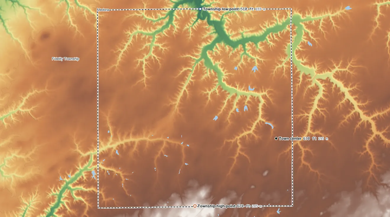 Topographic elevation map of Shipman Township, Illinois, shaded from 510 ft on the northwest side to 670 ft on the southwest side