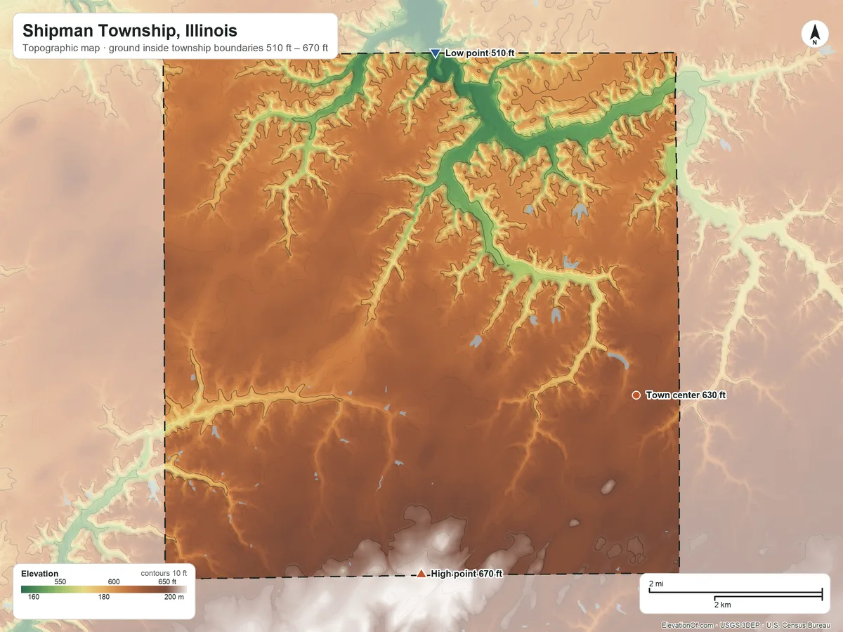 Topographic elevation map of Shipman Township, Illinois, shaded from 510 ft on the northwest side to 670 ft on the southwest side
