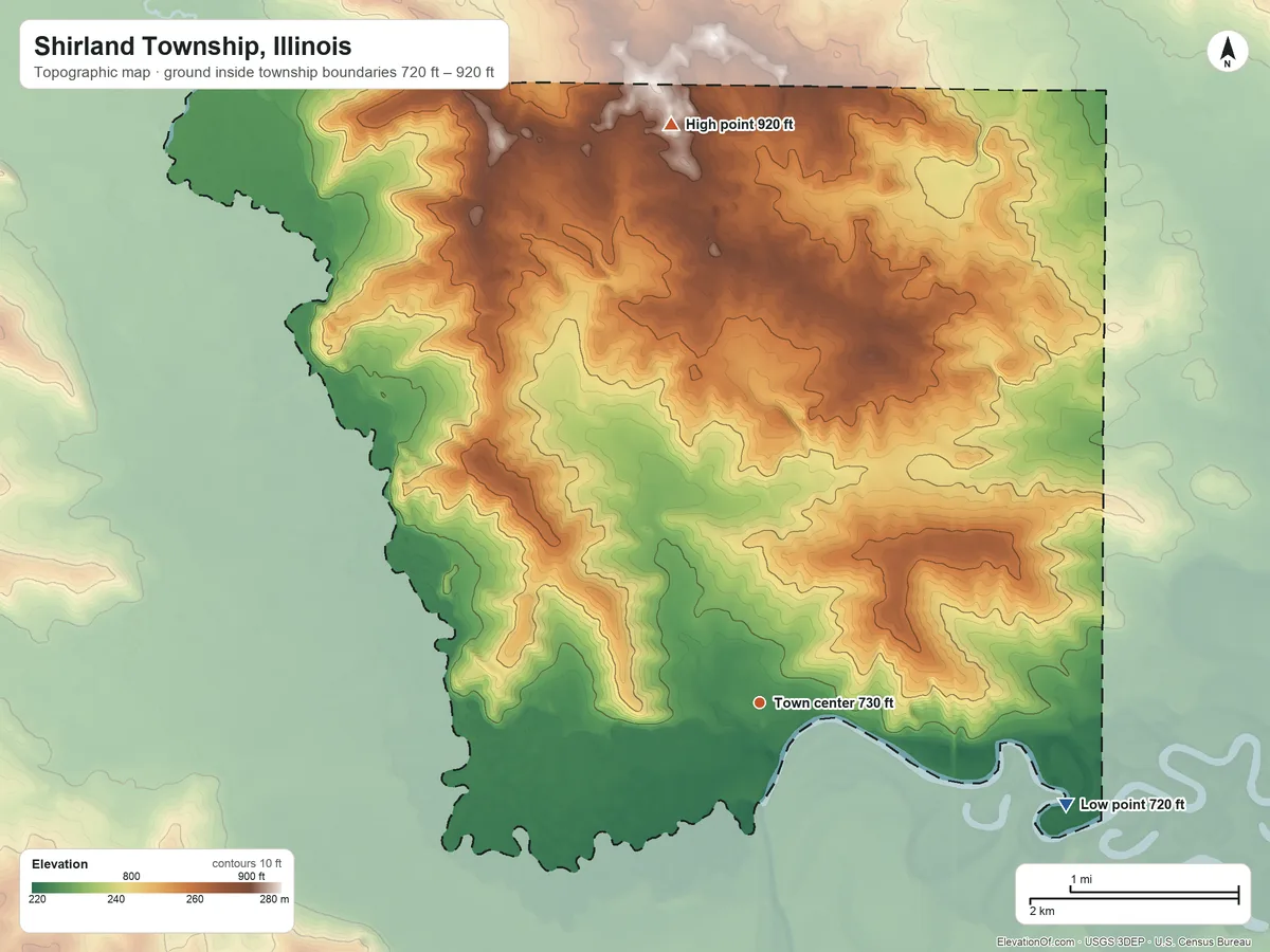 Topographic elevation map of Shirland Township, Illinois, shaded from 720 ft on the east side to 920 ft on the north side