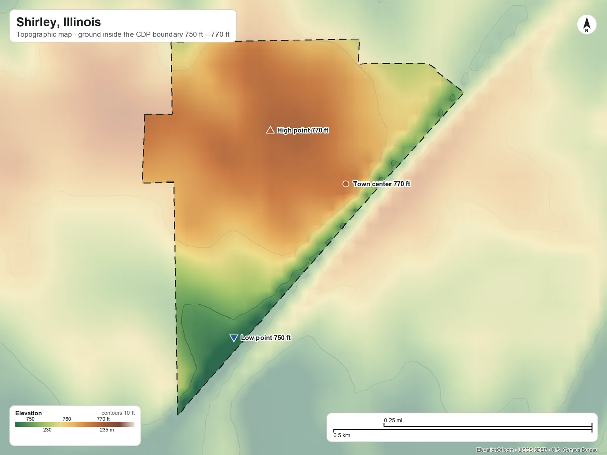 Topographic elevation map of Shirley, Illinois, shaded from 750 ft on the southwest side to 770 ft on the northwest side