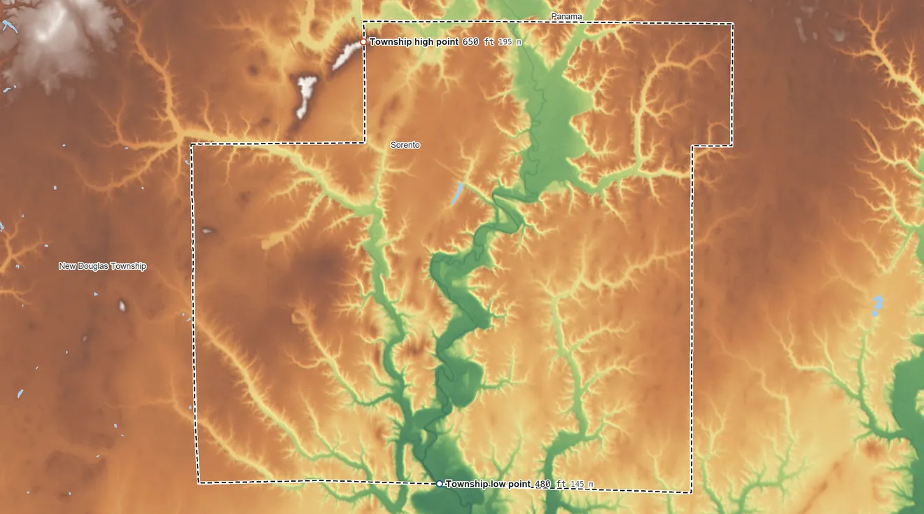 Topographic elevation map of Shoal Creek Township, Illinois, shaded from 480 ft on the south side to 650 ft on the northwest side