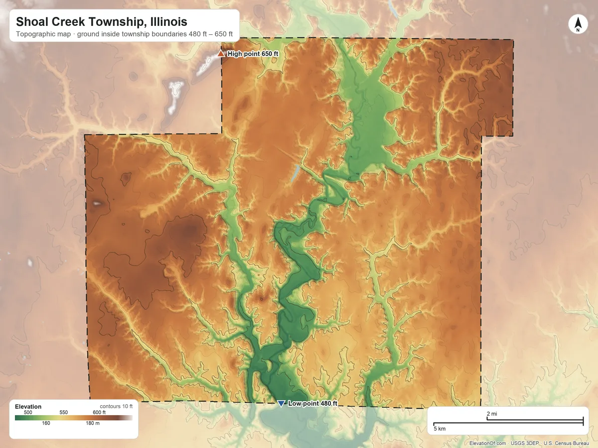 Topographic elevation map of Shoal Creek Township, Illinois, shaded from 480 ft on the south side to 650 ft on the northwest side