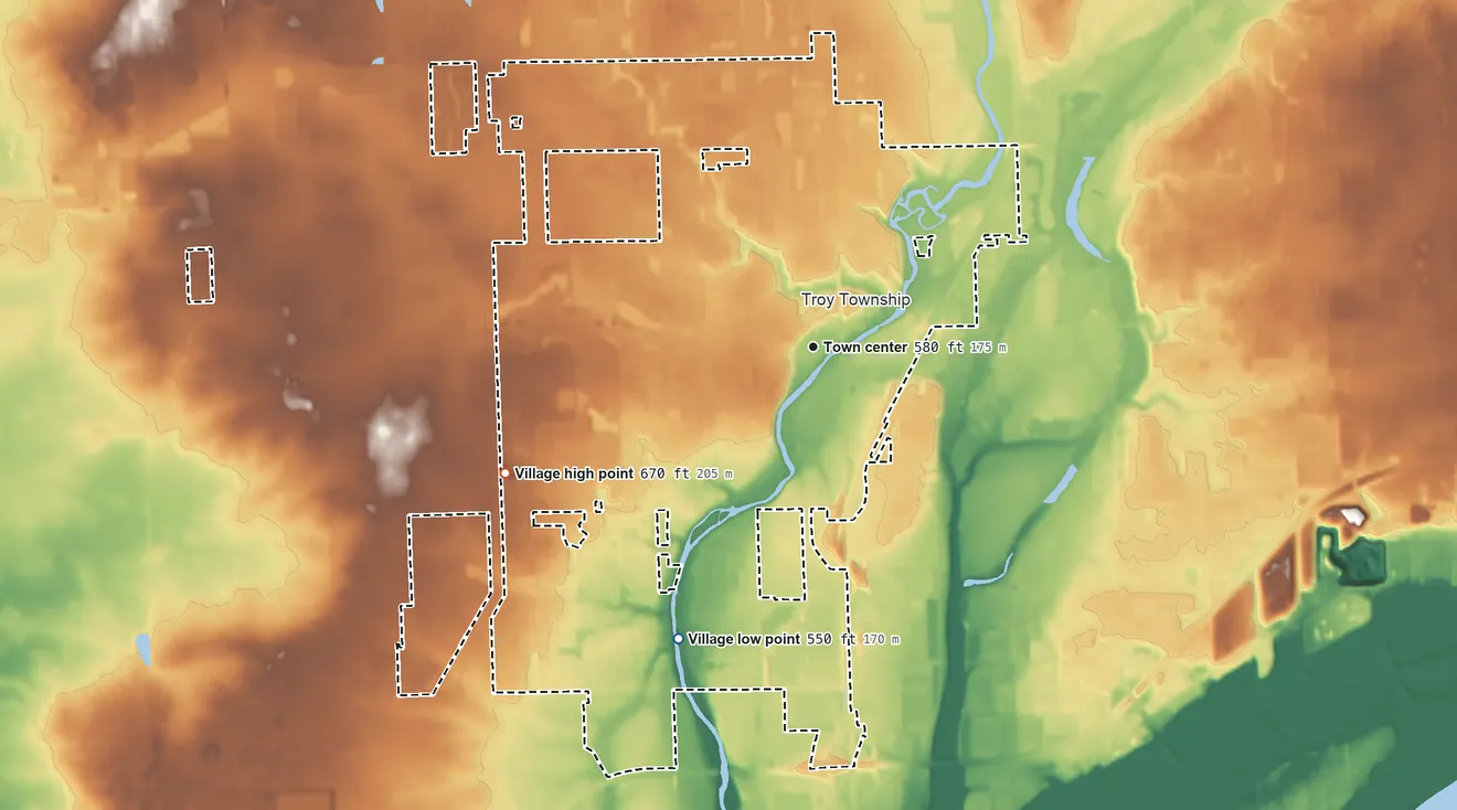 Topographic elevation map of Shorewood, Illinois, shaded from 550 ft on the southwest side to 670 ft on the west side