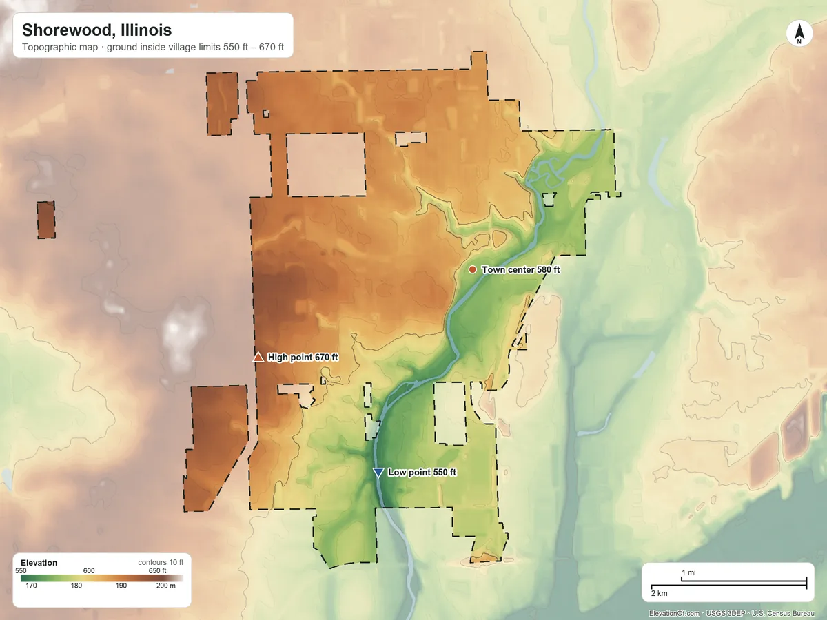 Topographic elevation map of Shorewood, Illinois, shaded from 550 ft on the southwest side to 670 ft on the west side