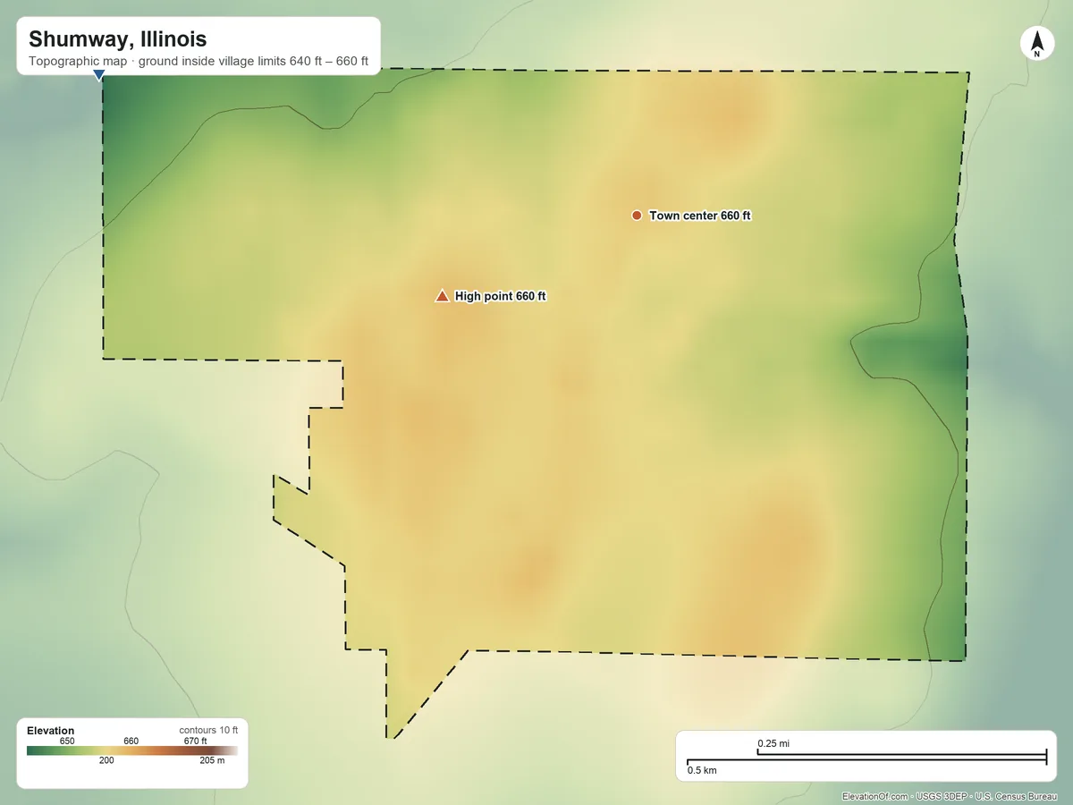Topographic elevation map of Shumway, Illinois, shaded from 640 ft on the west side to 660 ft on the southwest side
