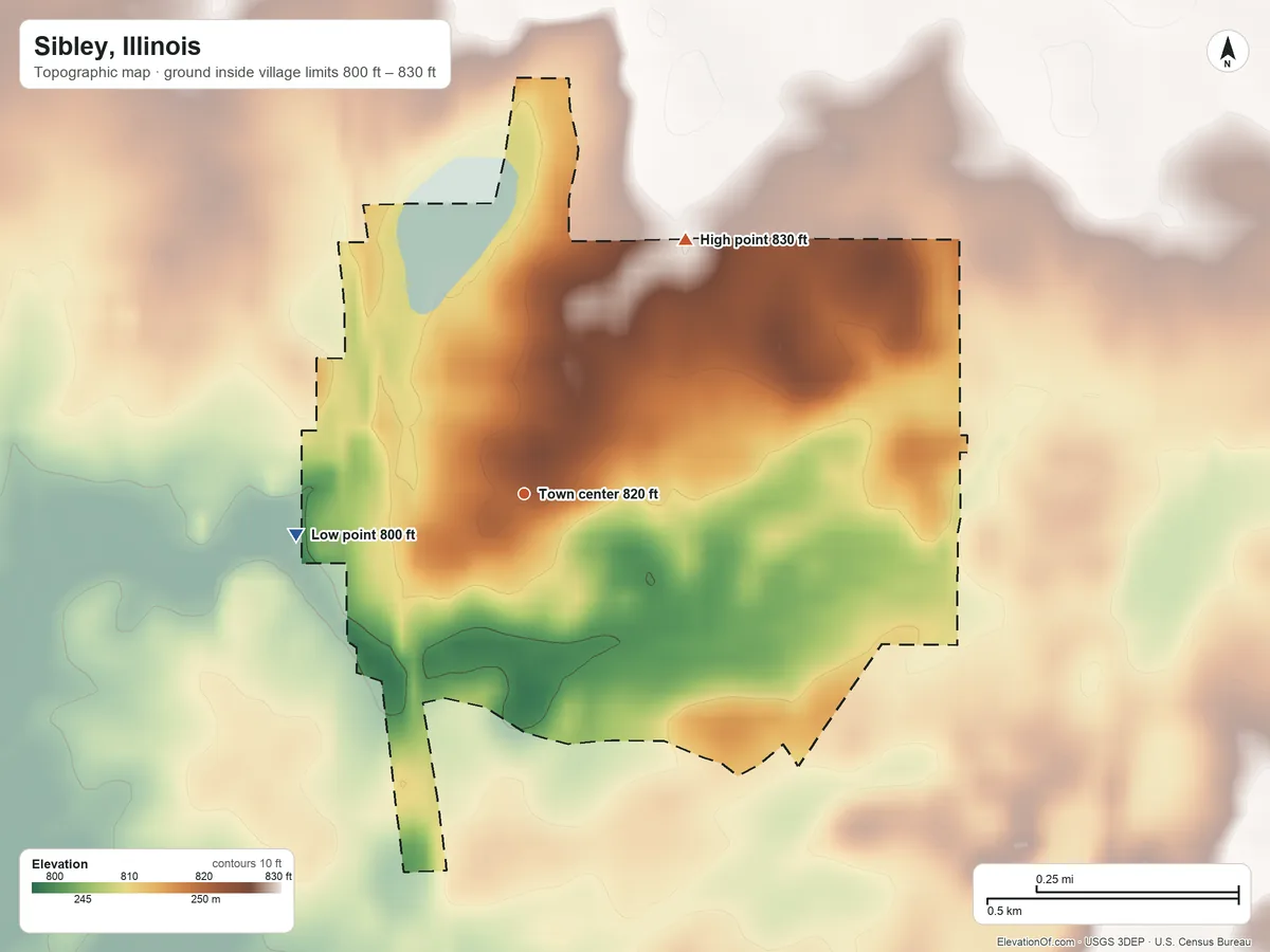 Topographic elevation map of Sibley, Illinois, shaded from 800 ft on the west side to 830 ft on the northeast side