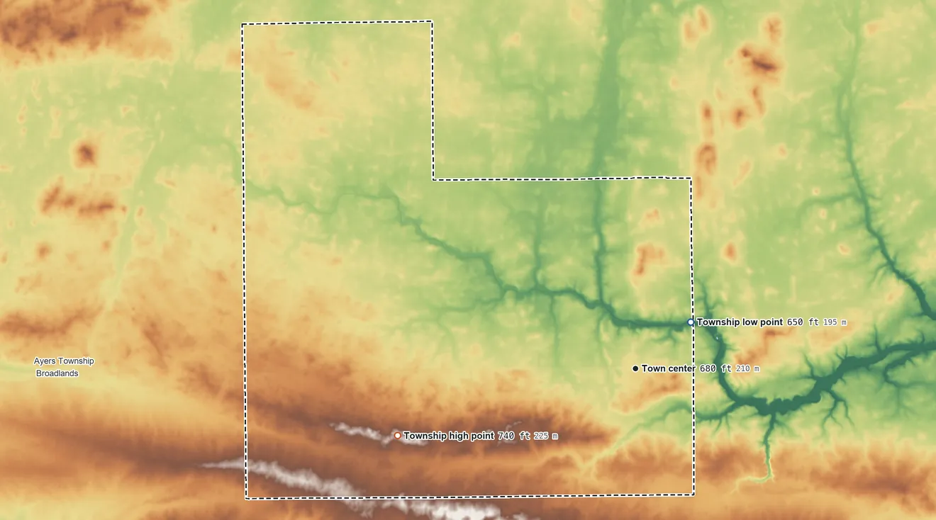 Topographic elevation map of Sidell Township, Illinois, shaded from 650 ft on the northeast side to 740 ft on the west side