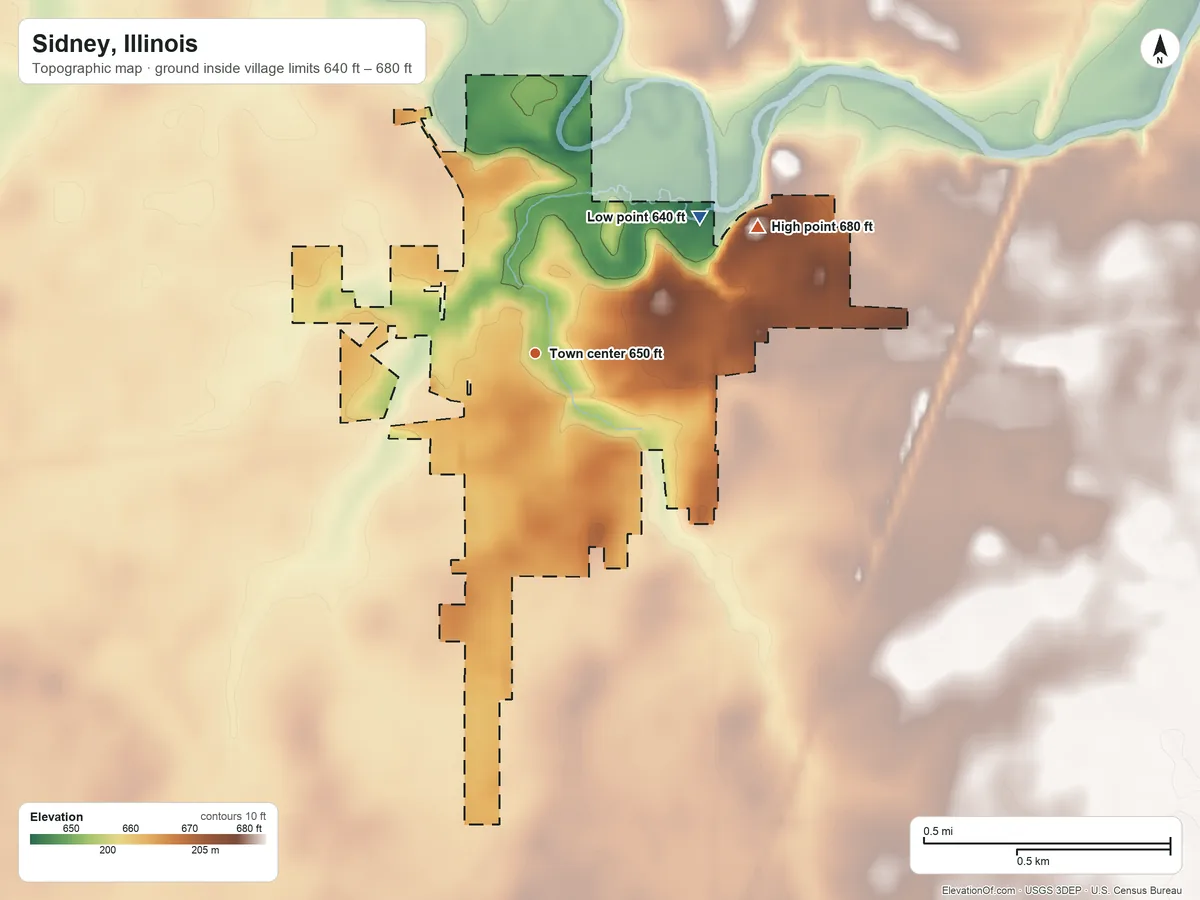 Topographic elevation map of Sidney, Illinois, shaded from 640 ft on the northeast side to 680 ft on the northeast side