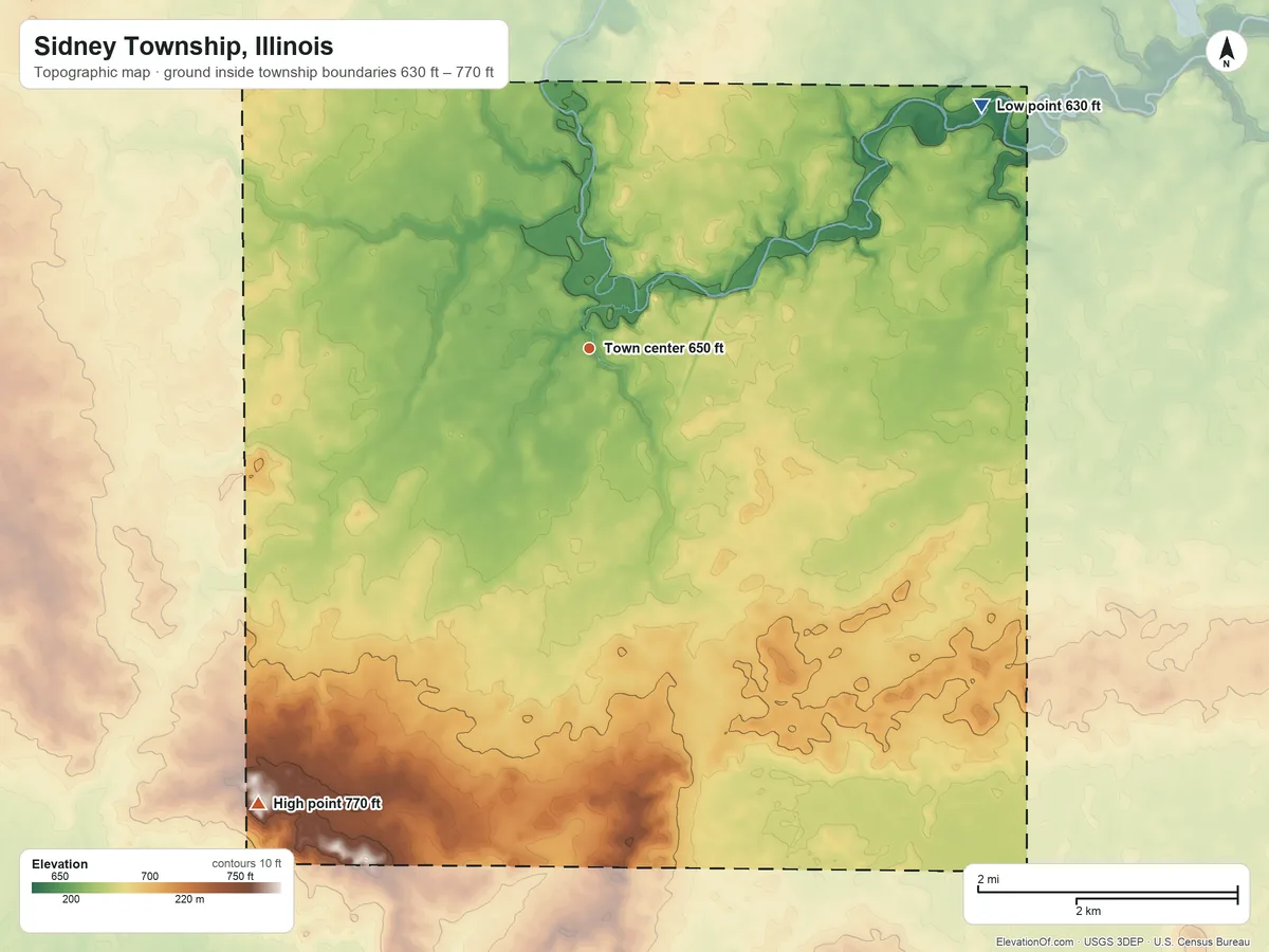 Topographic elevation map of Sidney Township, Illinois, shaded from 630 ft on the northeast side to 770 ft on the southwest side