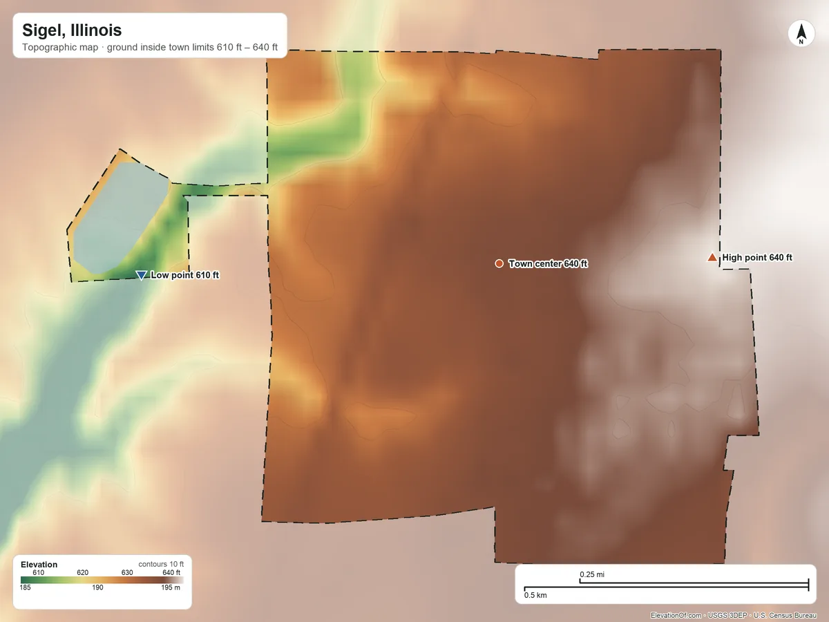 Topographic elevation map of Sigel, Illinois, shaded from 610 ft on the west side to 640 ft on the east side