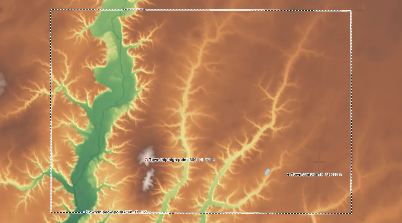 Topographic elevation map of Sigel Township, Illinois, shaded from 540 ft on the west side to 680 ft on the west side