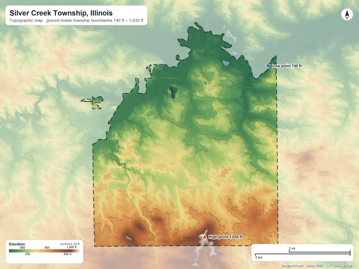 Topographic elevation map of Silver Creek Township, Illinois, shaded from 740 ft on the northeast side to 1,030 ft on the southeast side
