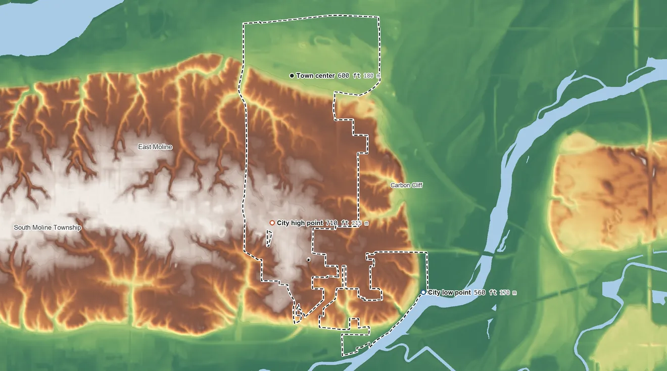 Topographic elevation map of Silvis, Illinois, shaded from 560 ft on the southeast side to 710 ft on the south side