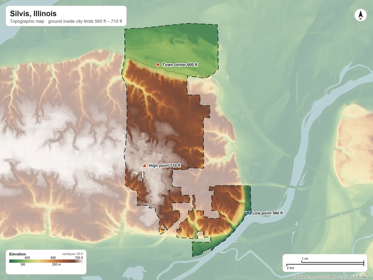 Topographic elevation map of Silvis, Illinois, shaded from 560 ft on the southeast side to 710 ft on the south side