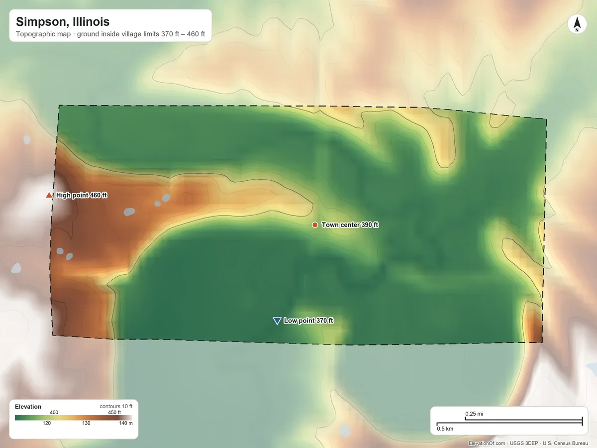 Topographic elevation map of Simpson, Illinois, shaded from 370 ft on the south side to 460 ft on the west side