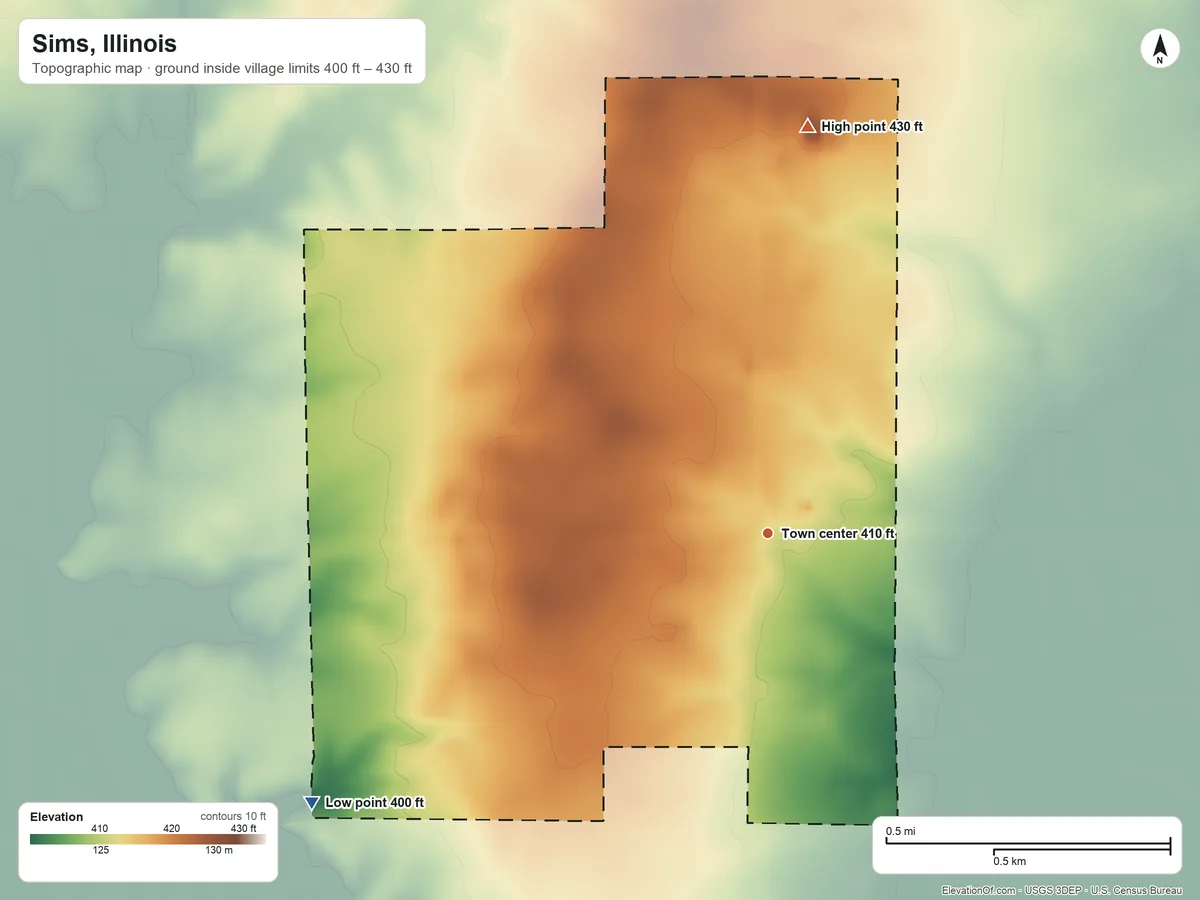 Topographic elevation map of Sims, Illinois, shaded from 400 ft on the southwest side to 430 ft on the north side