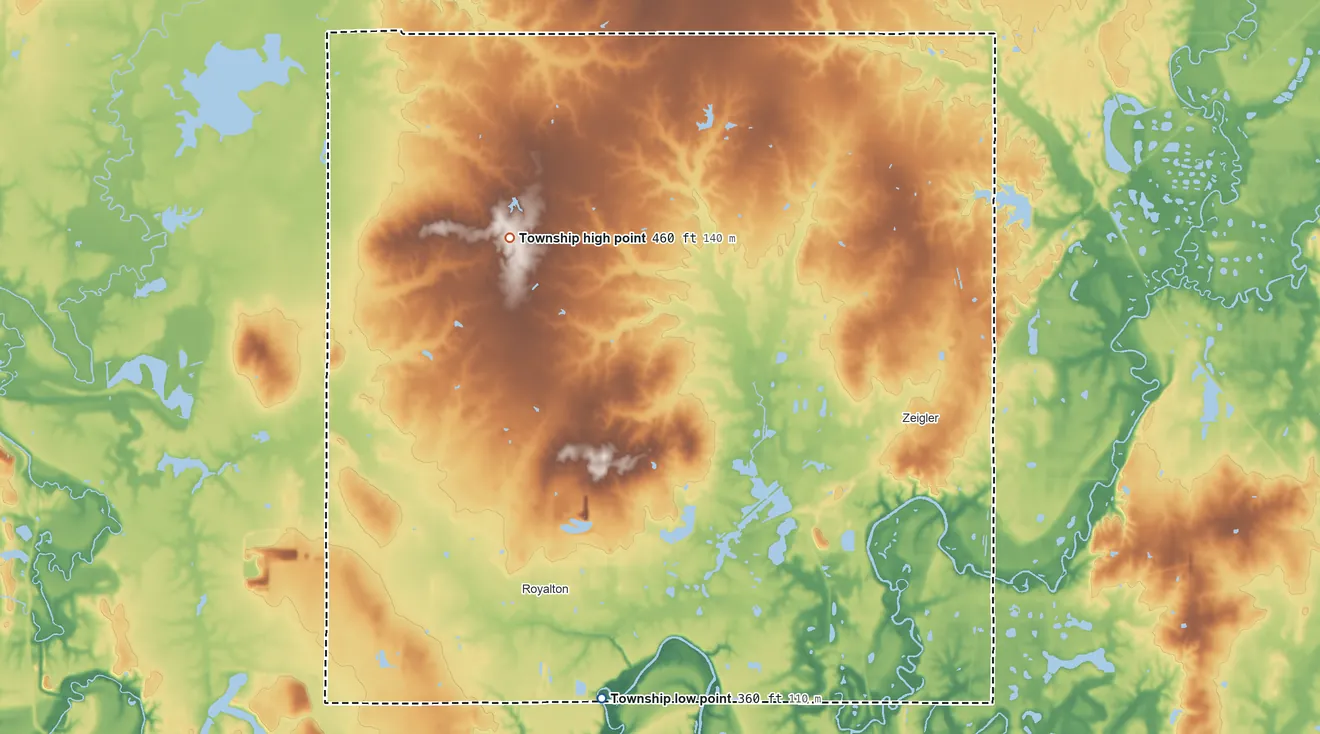 Topographic elevation map of Six Mile Township, Illinois, shaded from 360 ft on the southwest side to 460 ft on the northwest side