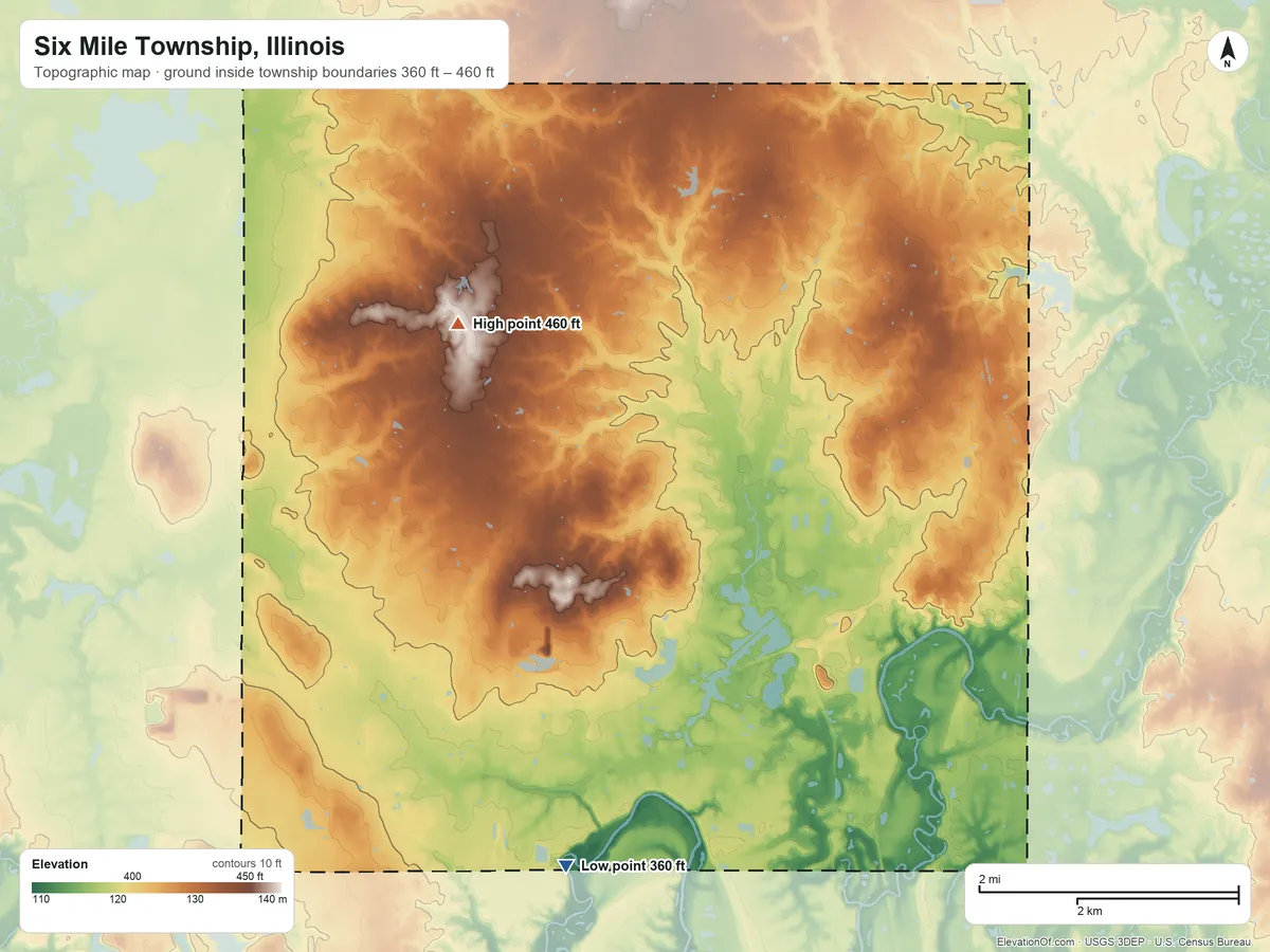 Topographic elevation map of Six Mile Township, Illinois, shaded from 360 ft on the southwest side to 460 ft on the northwest side