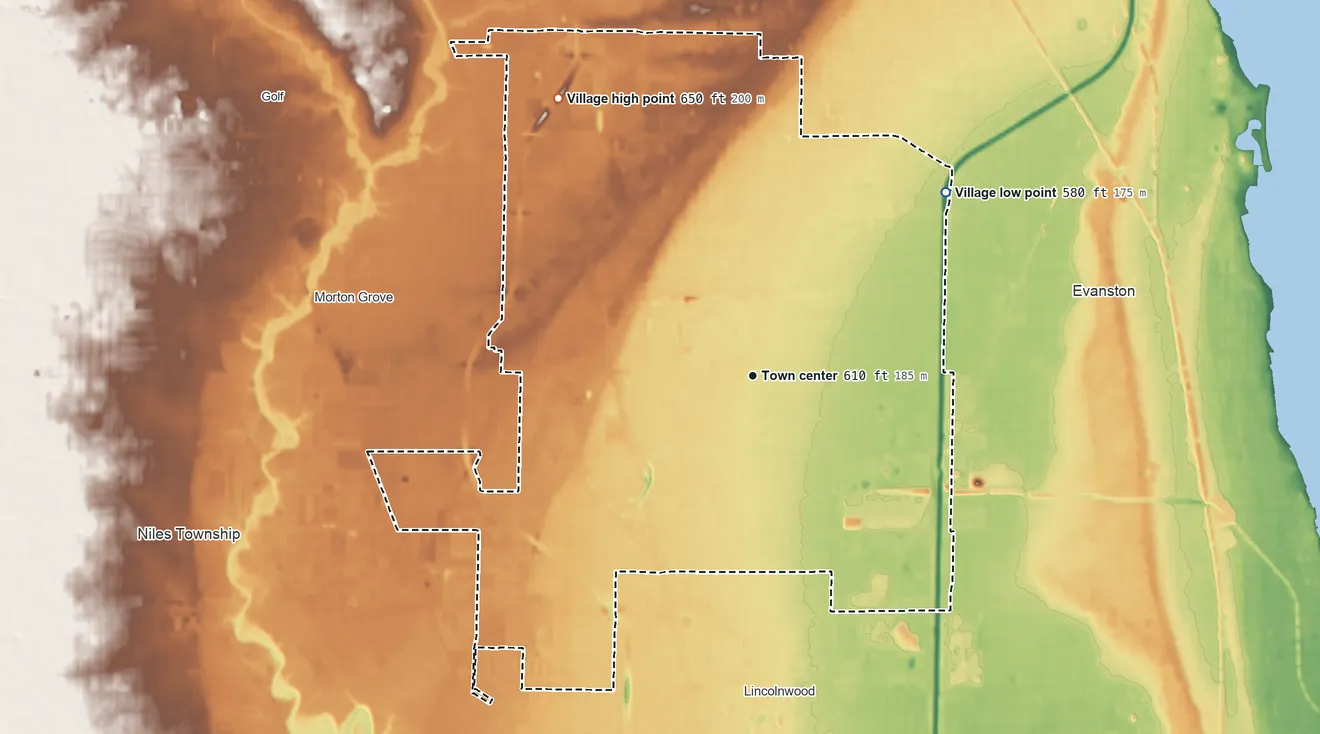 Topographic elevation map of Skokie, Illinois, shaded from 580 ft on the northeast side to 650 ft on the northwest side