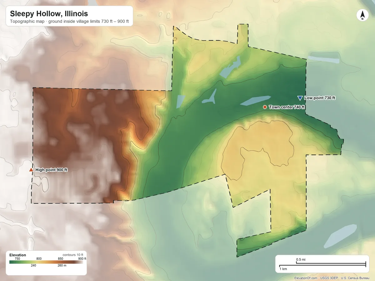 Topographic elevation map of Sleepy Hollow, Illinois, shaded from 730 ft near the middle to 900 ft on the west side