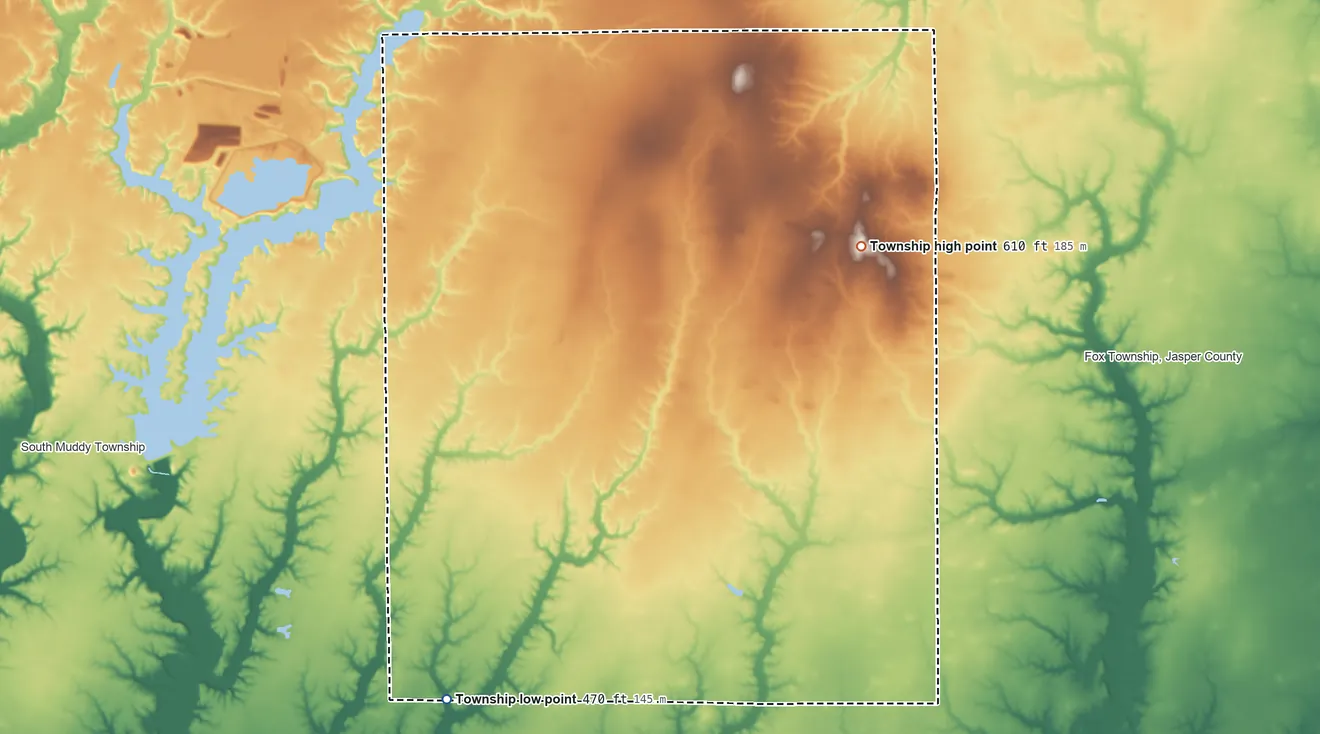 Topographic elevation map of Smallwood Township, Illinois, shaded from 470 ft on the southwest side to 610 ft on the northeast side