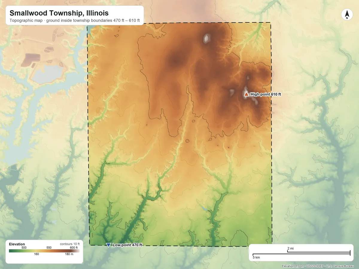 Topographic elevation map of Smallwood Township, Illinois, shaded from 470 ft on the southwest side to 610 ft on the northeast side