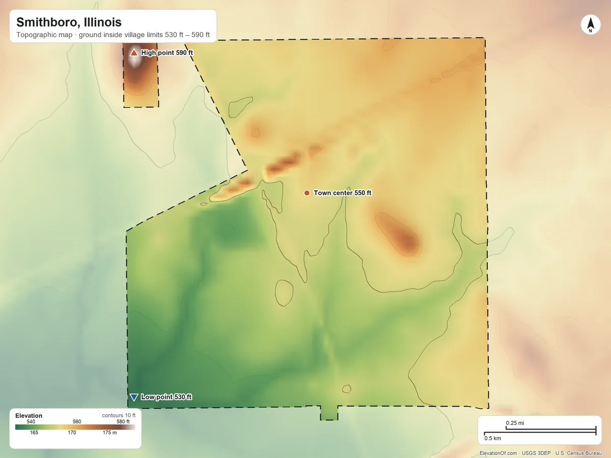 Topographic elevation map of Smithboro, Illinois, shaded from 530 ft on the southwest side to 590 ft on the northwest side