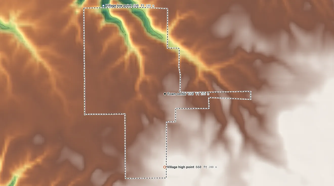 Topographic elevation map of Smithfield, Illinois, shaded from 590 ft on the northwest side to 660 ft on the south side