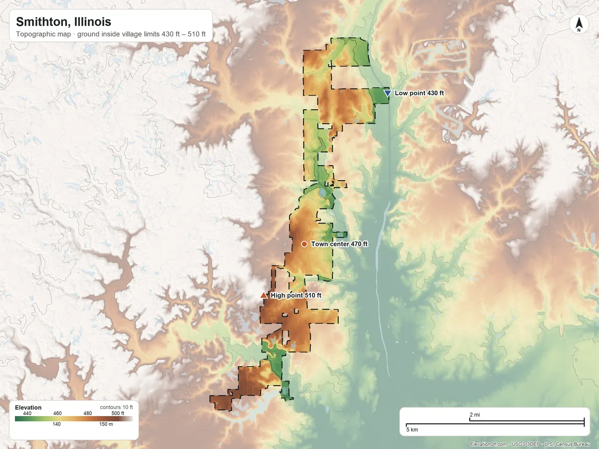 Topographic elevation map of Smithton, Illinois, shaded from 430 ft on the northeast side to 510 ft on the southwest side