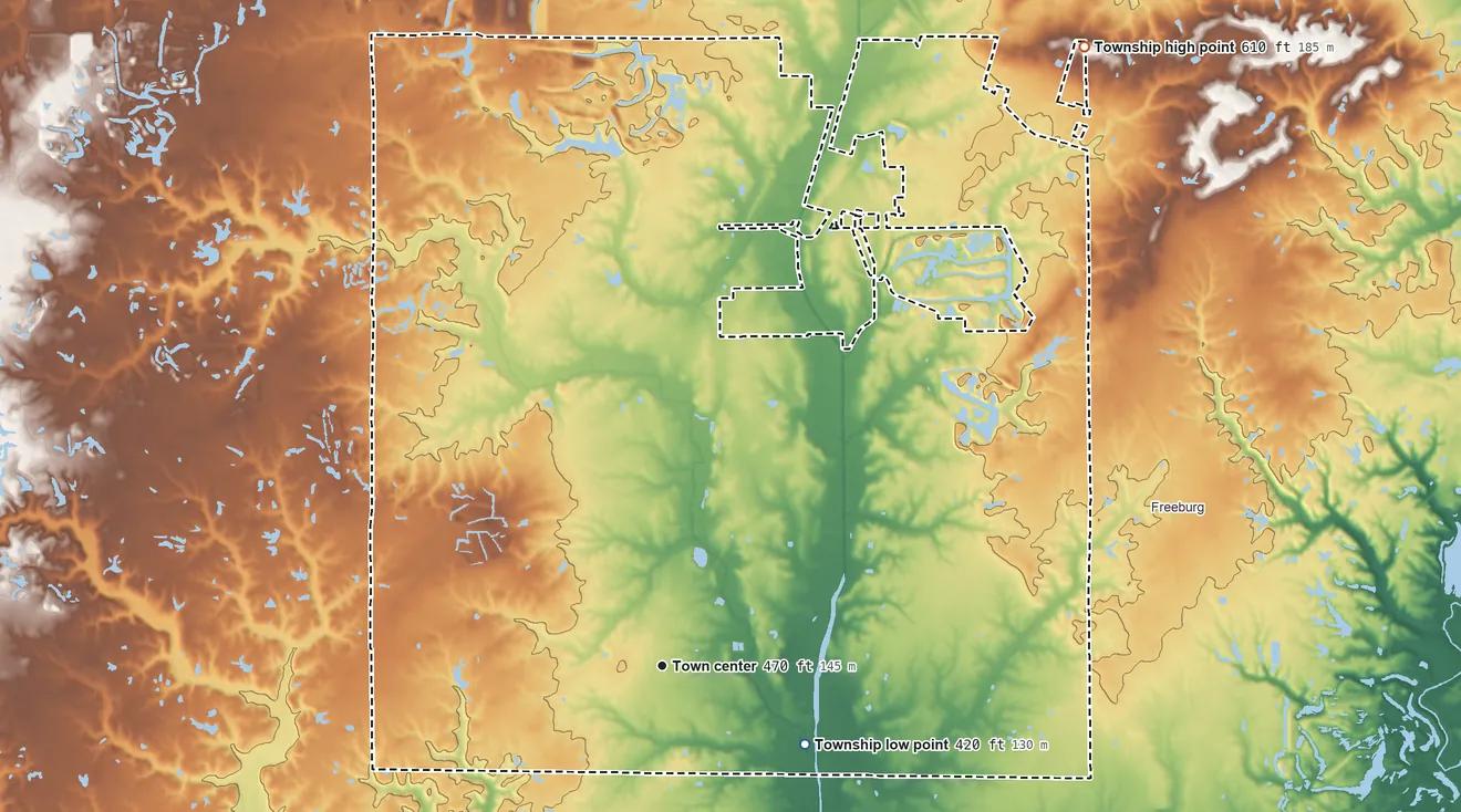 Topographic elevation map of Smithton Township, Illinois, shaded from 420 ft on the southeast side to 610 ft on the northeast side