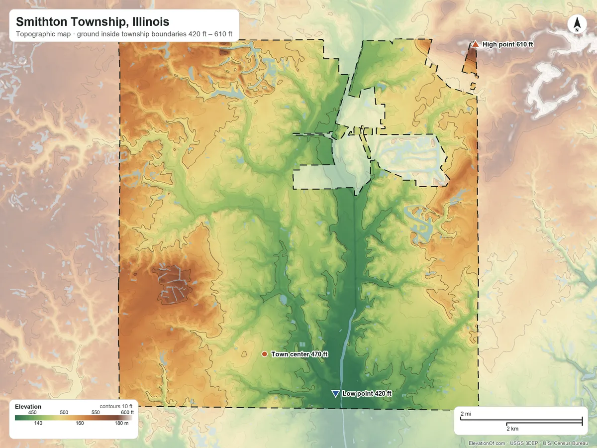 Topographic elevation map of Smithton Township, Illinois, shaded from 420 ft on the southeast side to 610 ft on the northeast side