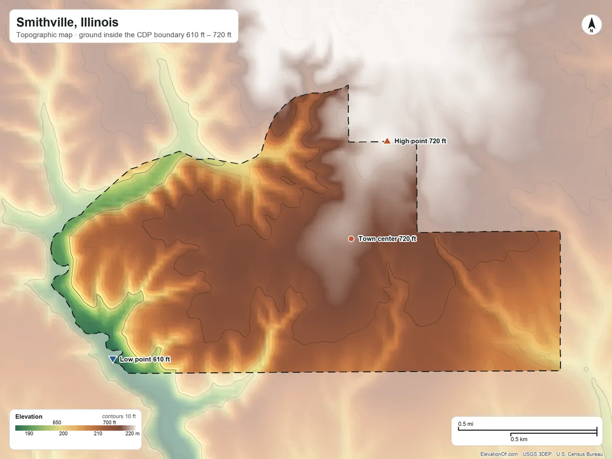 Topographic elevation map of Smithville, Illinois, shaded from 610 ft on the southwest side to 720 ft on the north side