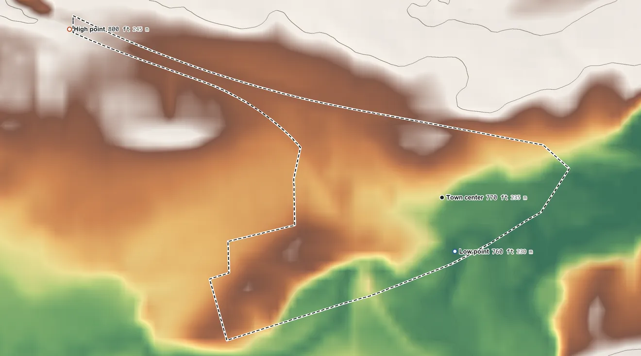 Topographic elevation map of Solon Mills, Illinois, shaded from 760 ft near the middle to 800 ft on the northwest side